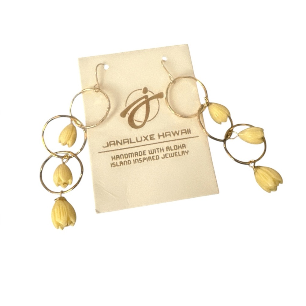 Host Pick Long Dangling Gold Plated Pikake Jasmine Earrings Handmade in Hawaii